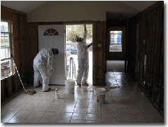 Workers in a Gentilly neighborhood cleaning surfaces with bleach/detergent solution